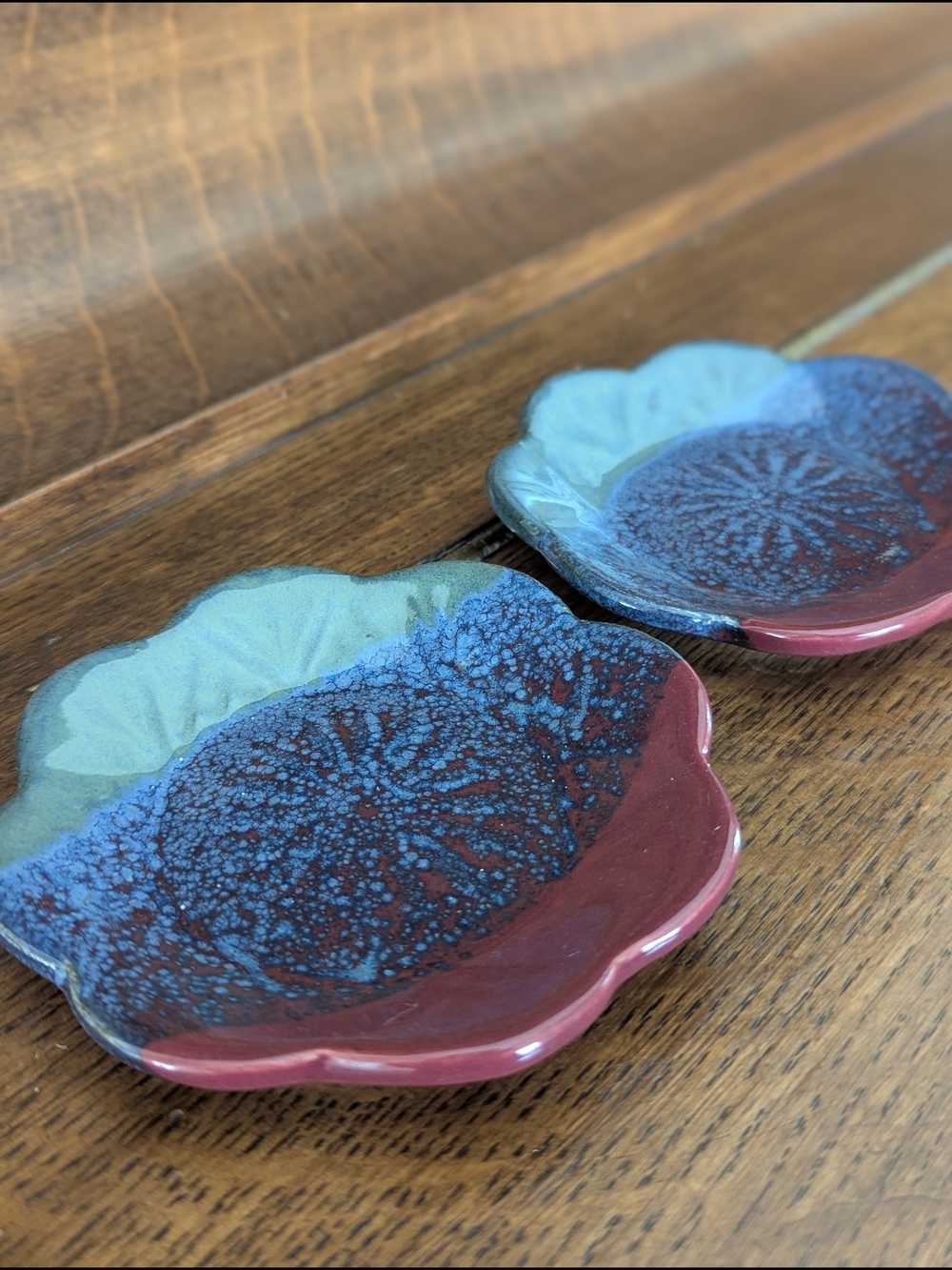 Studio Pottery Scalloped Coaster Ring Dish Set Blue Red Glaze McNeill 2013
